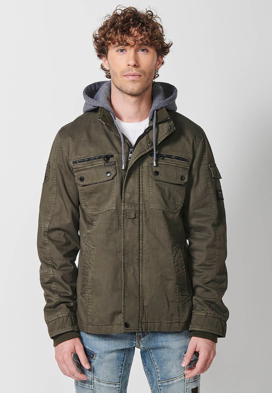 Men's Hooded Collar Cotton Jacket with Zip Front Closure and Flap with Pockets Olive