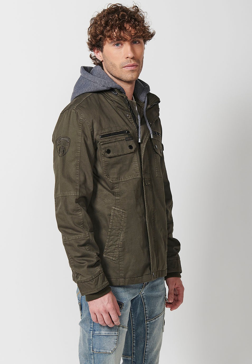 Men's Hooded Collar Cotton Jacket with Zip Front Closure and Flap with Pockets Olive