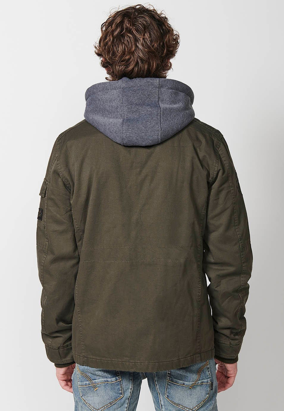 Men's Hooded Collar Cotton Jacket with Zip Front Closure and Flap with Pockets Olive