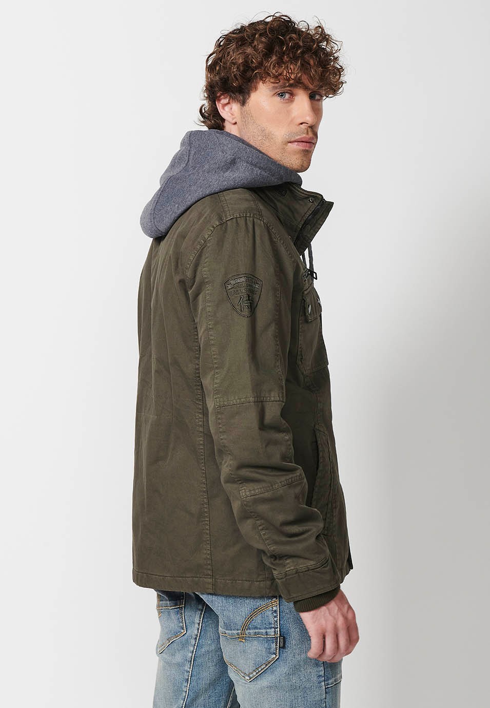 Men's Hooded Collar Cotton Jacket with Zip Front Closure and Flap with Pockets Olive