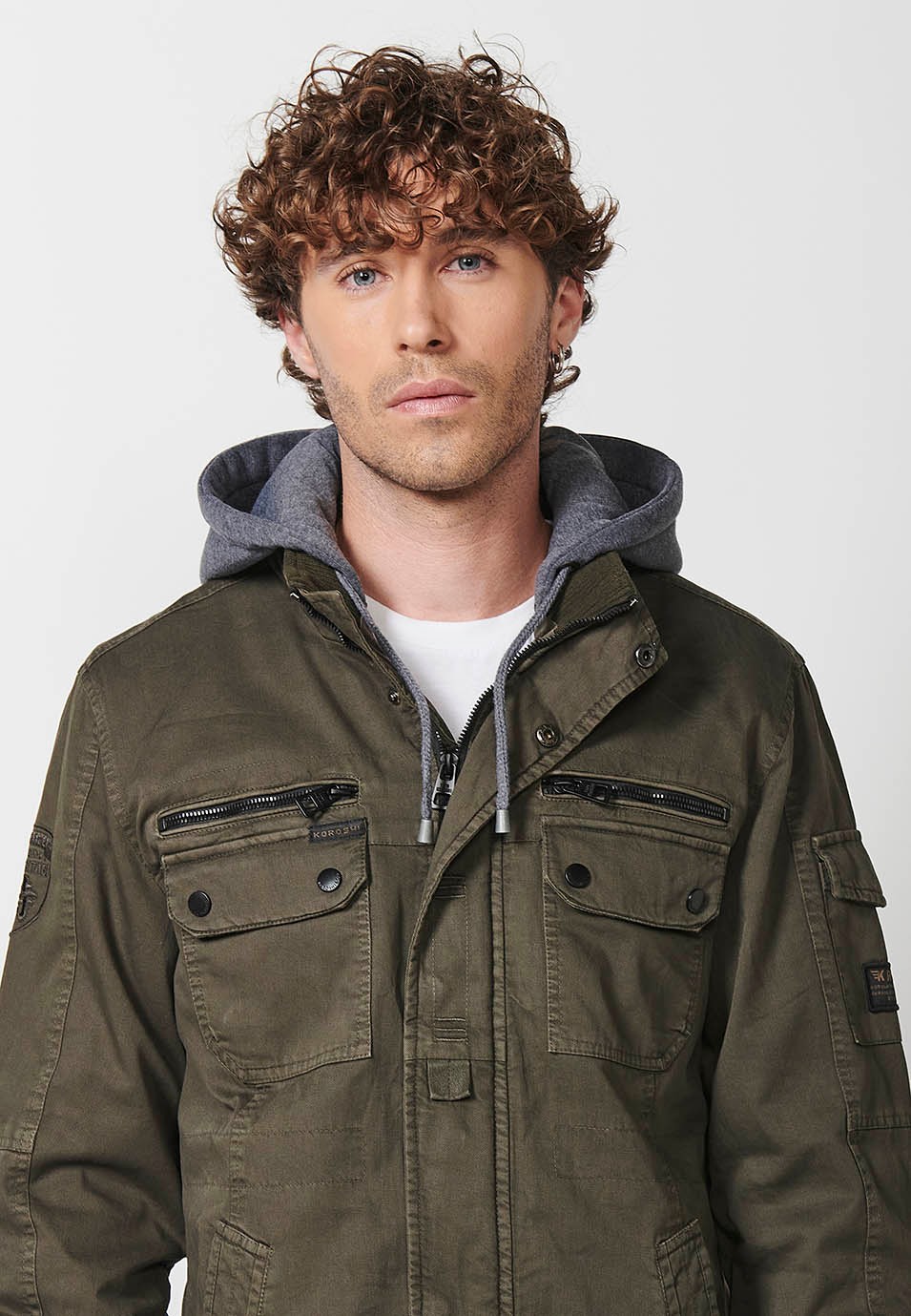 Men's Hooded Collar Cotton Jacket with Zip Front Closure and Flap with Pockets Olive