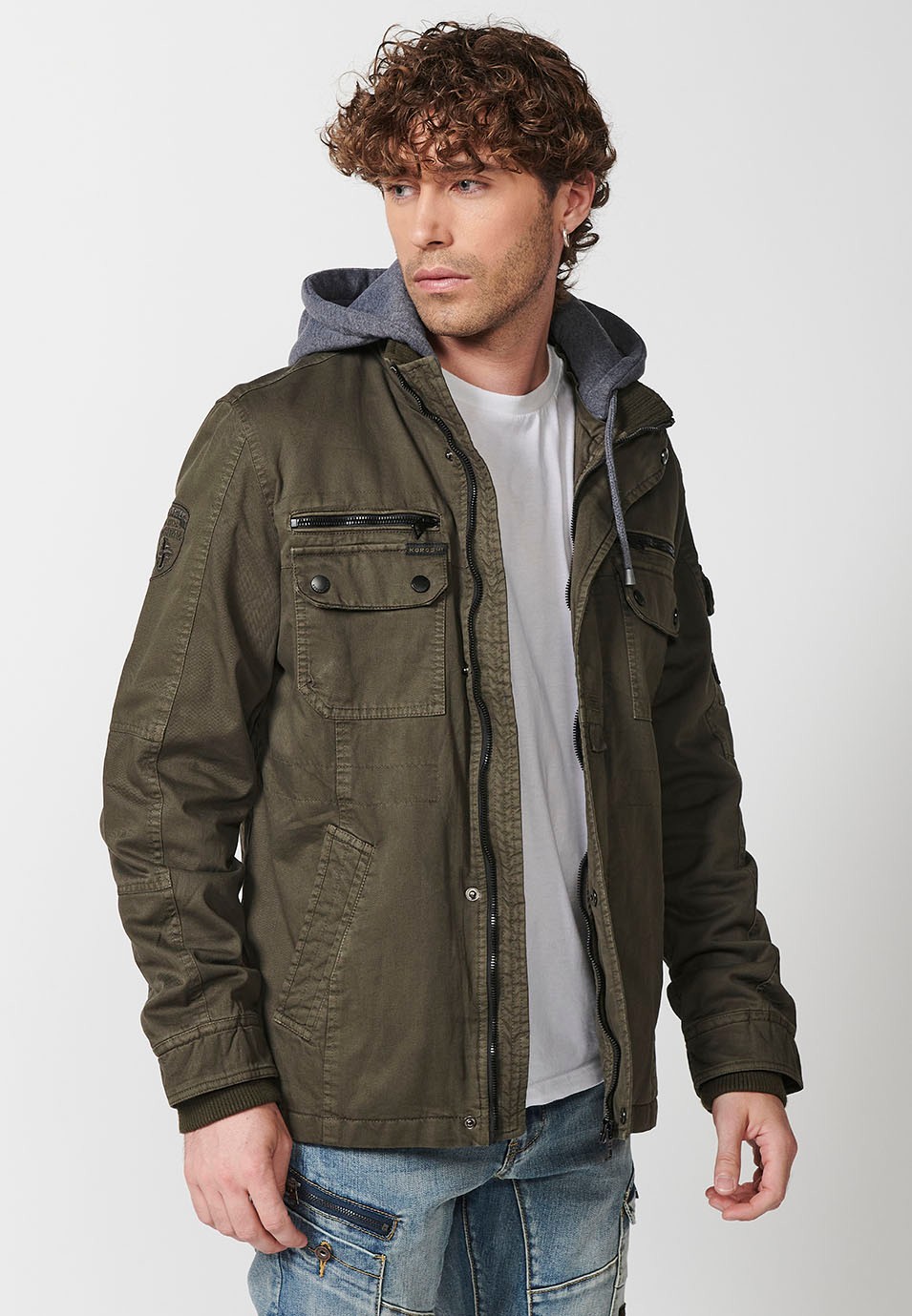 Men's Hooded Collar Cotton Jacket with Zip Front Closure and Flap with Pockets Olive