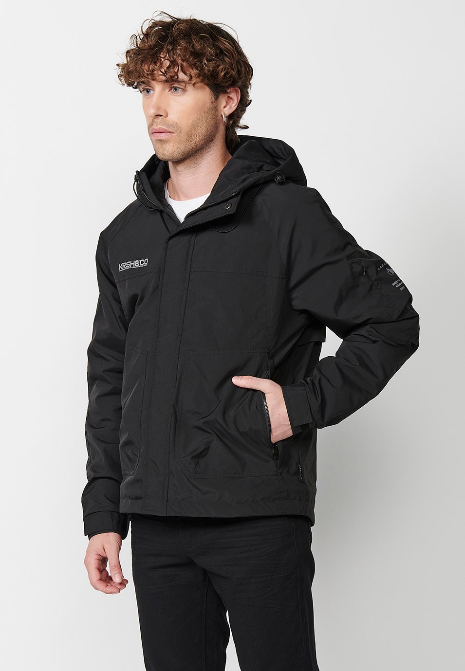 Mens Hooded Collar Zip Front Zip Jacket with Pockets in Black