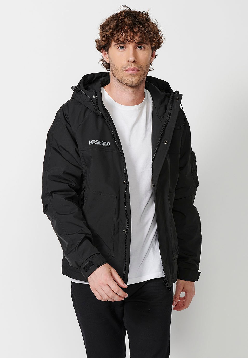 Mens Hooded Collar Zip Front Zip Jacket with Pockets in Black