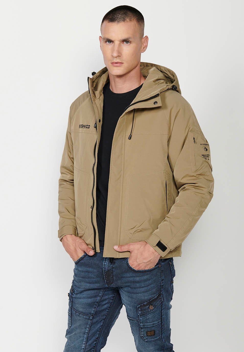 Mens Khaki Hooded Collar Zip Front Jacket with Pockets