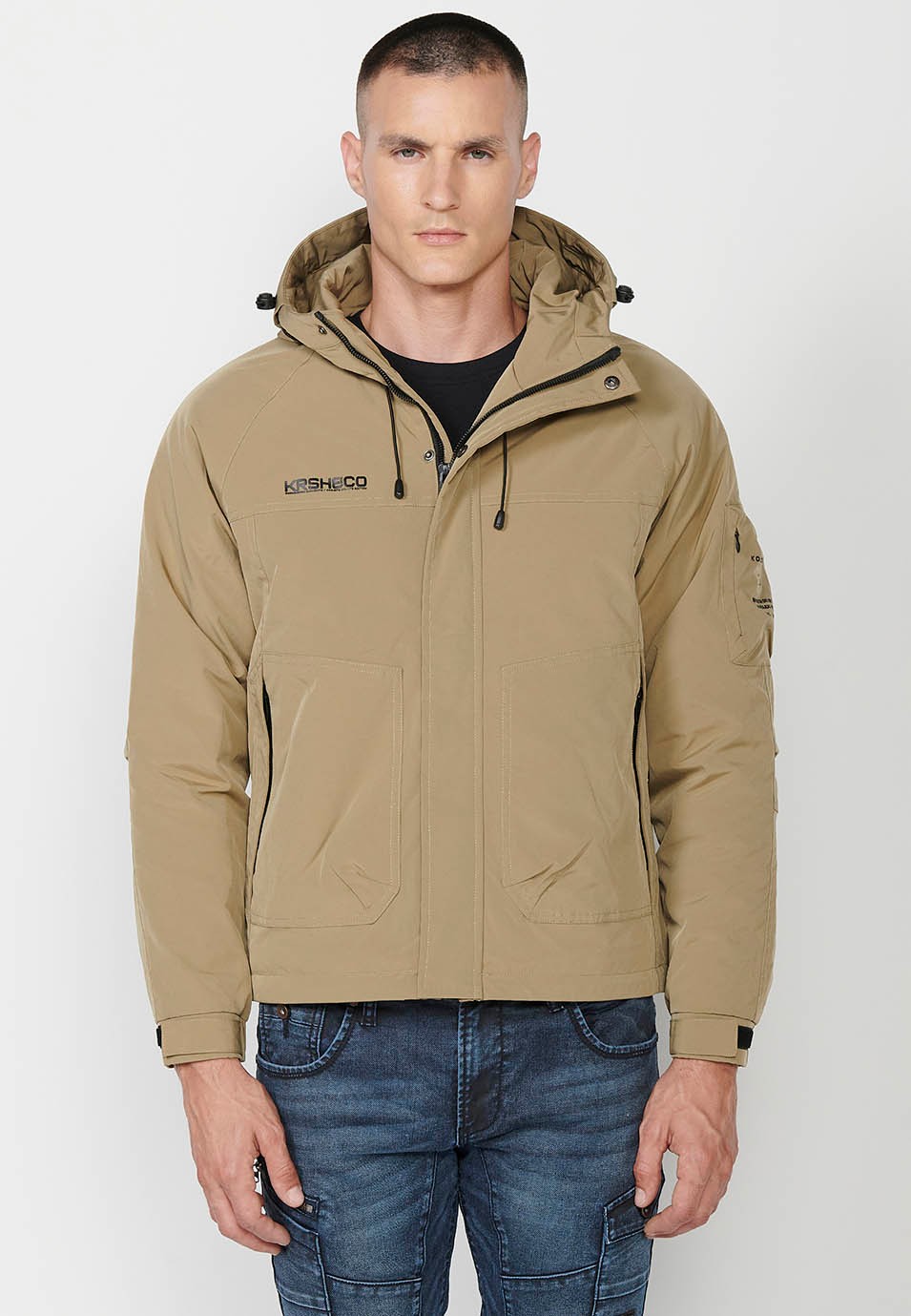 Mens Khaki Hooded Collar Zip Front Jacket with Pockets 7