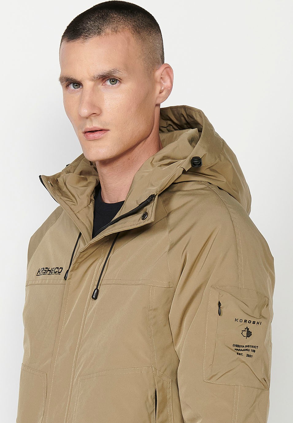 Mens Khaki Hooded Collar Zip Front Jacket with Pockets 3