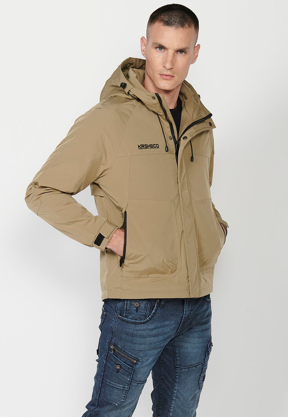 Mens Khaki Hooded Collar Zip Front Jacket with Pockets 8