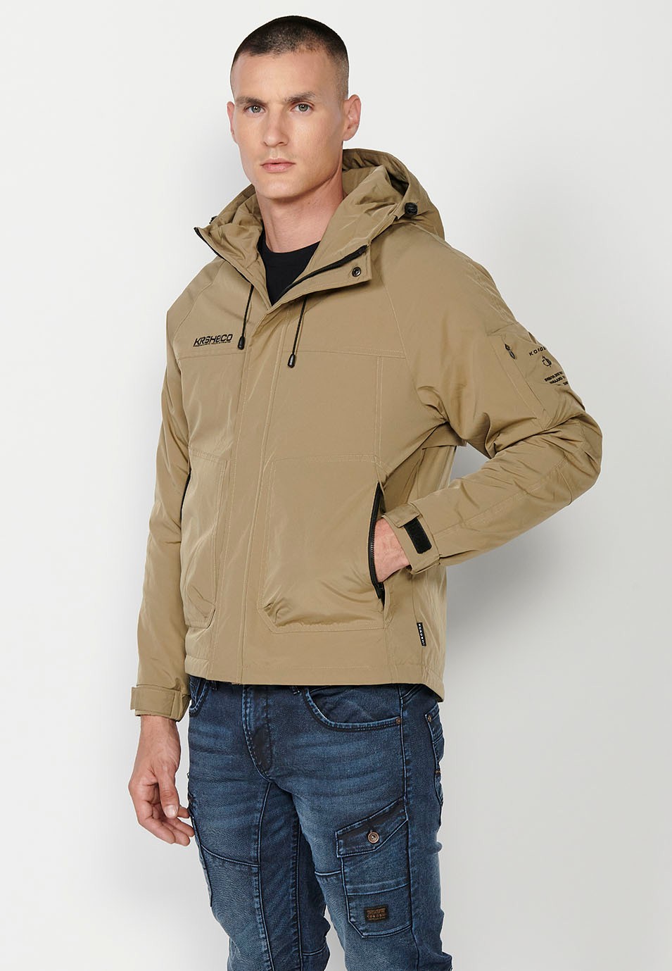 Mens Khaki Hooded Collar Zip Front Jacket with Pockets 6