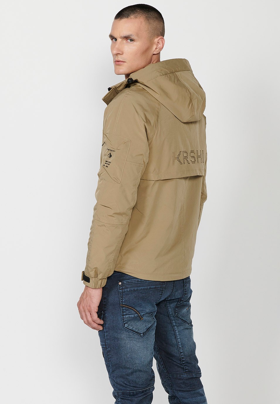 Mens Khaki Hooded Collar Zip Front Jacket with Pockets 2