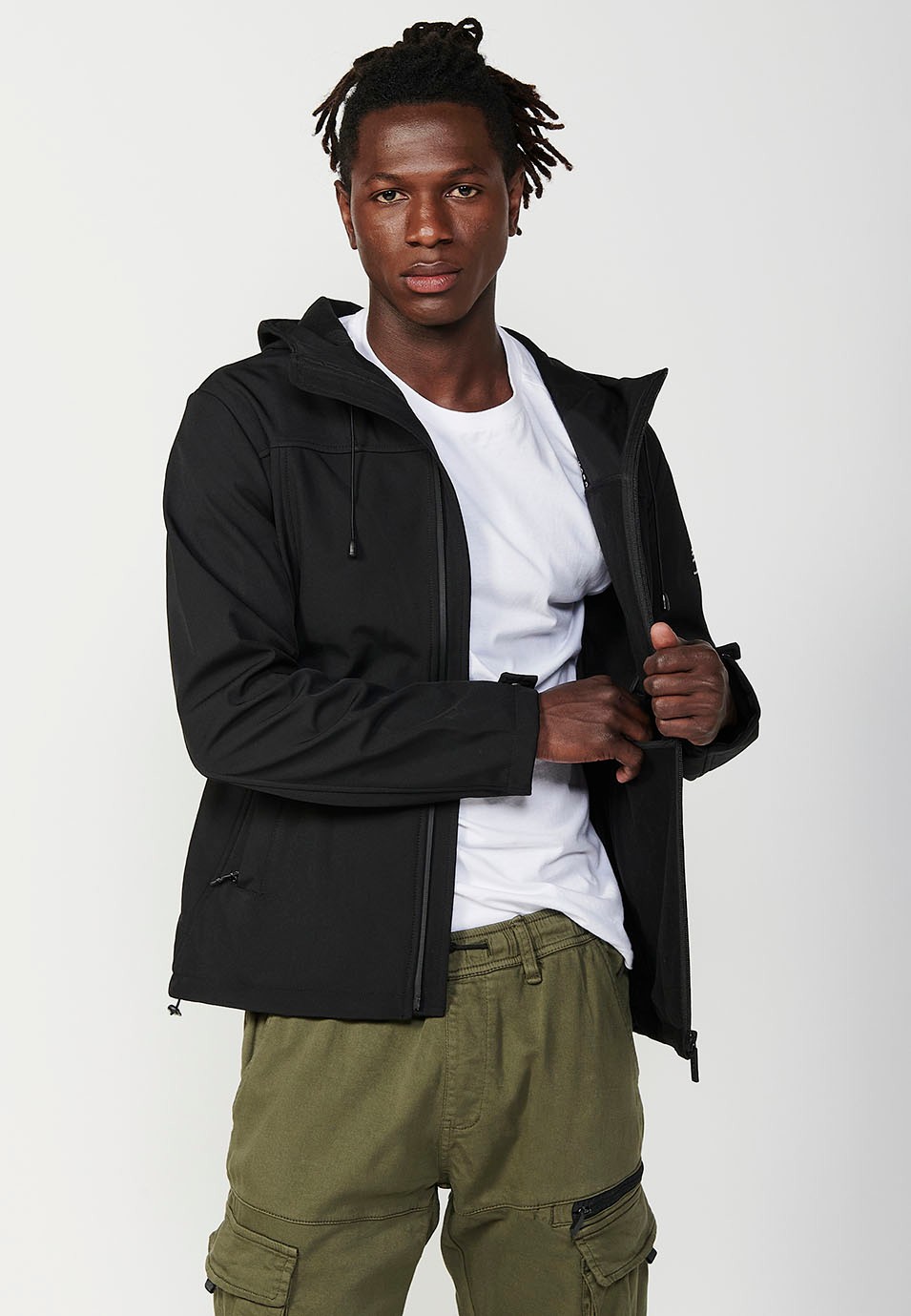 Mens Hooded Collar Zip Front Jacket in Black