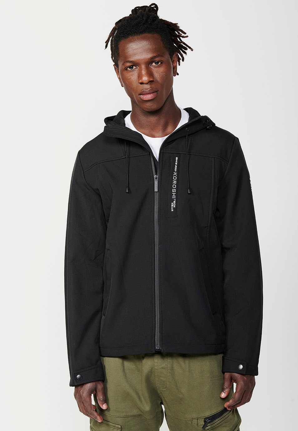 Mens Hooded Collar Zip Front Jacket in Black