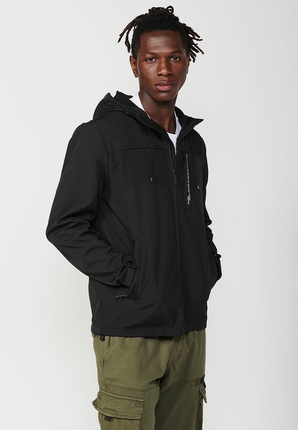 Mens Hooded Collar Zip Front Jacket in Black