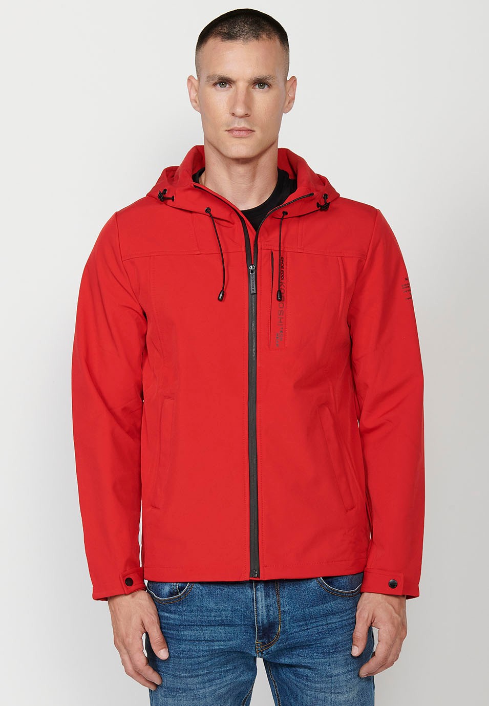 Veste avec col et capuche avec fermeture sur le devant et fermeture éclair pour homme en rouge 8