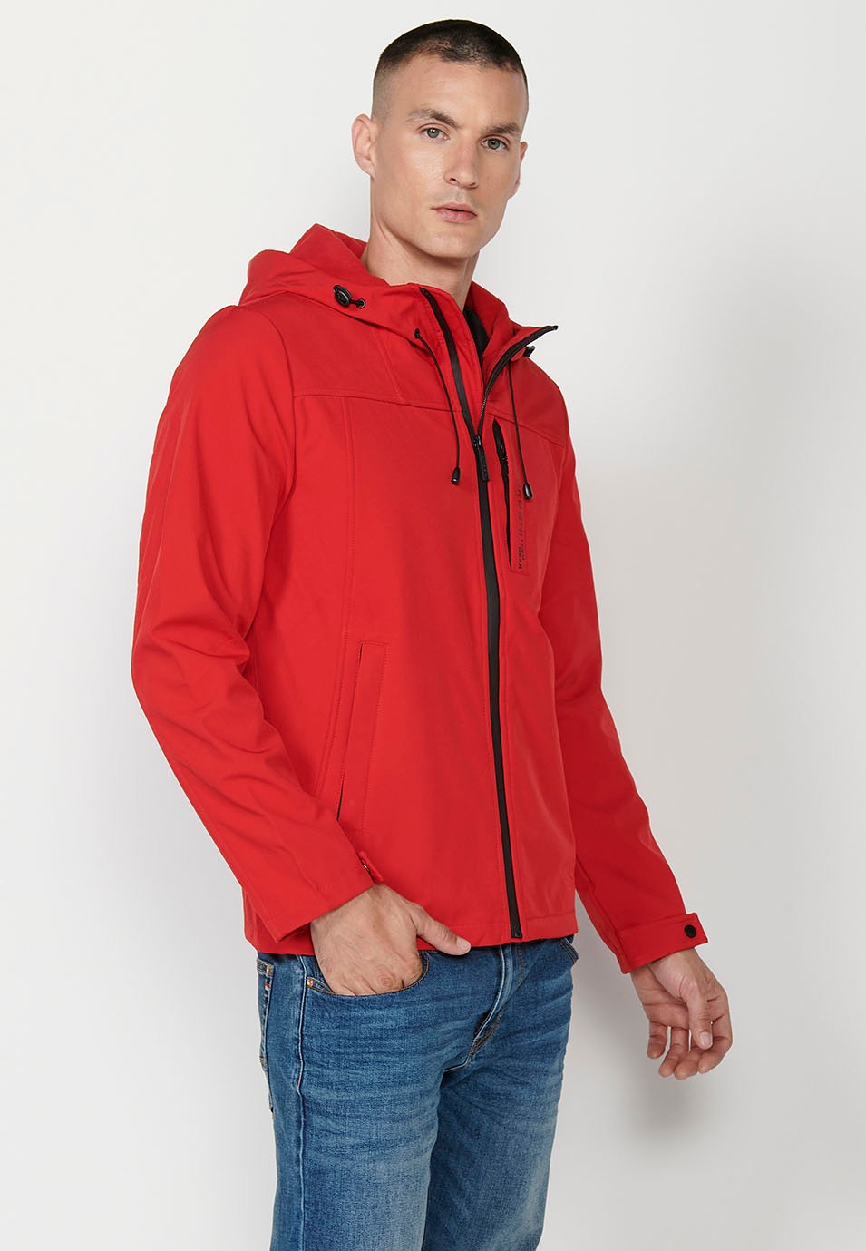 Jacke mit Kragen und Kapuze mit Frontverschluss und Reißverschluss für Herren in Rot 6