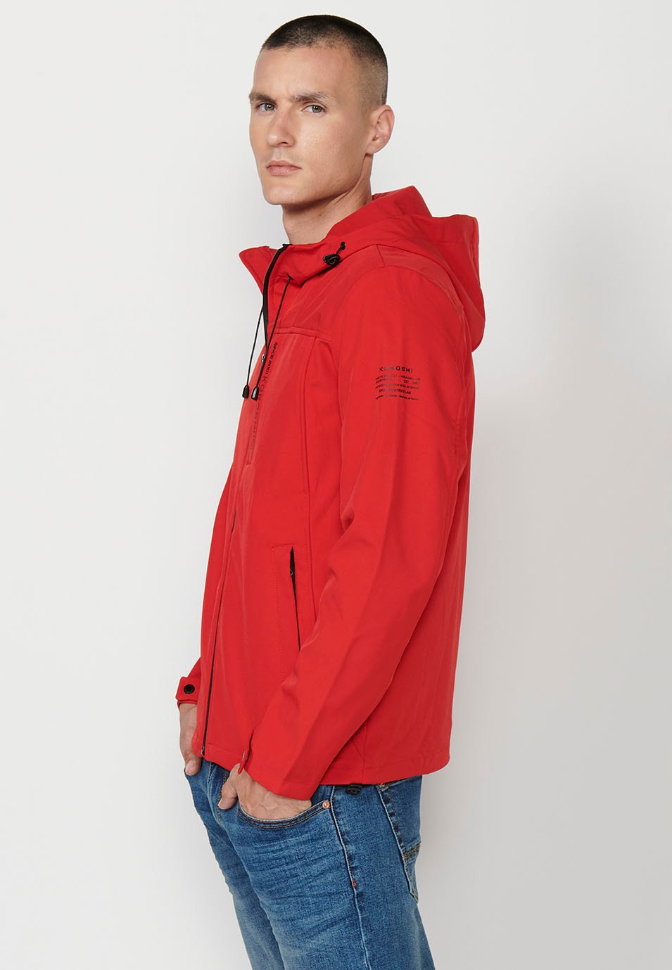 Mens Red Zip Front Hooded Collar Jacket 5