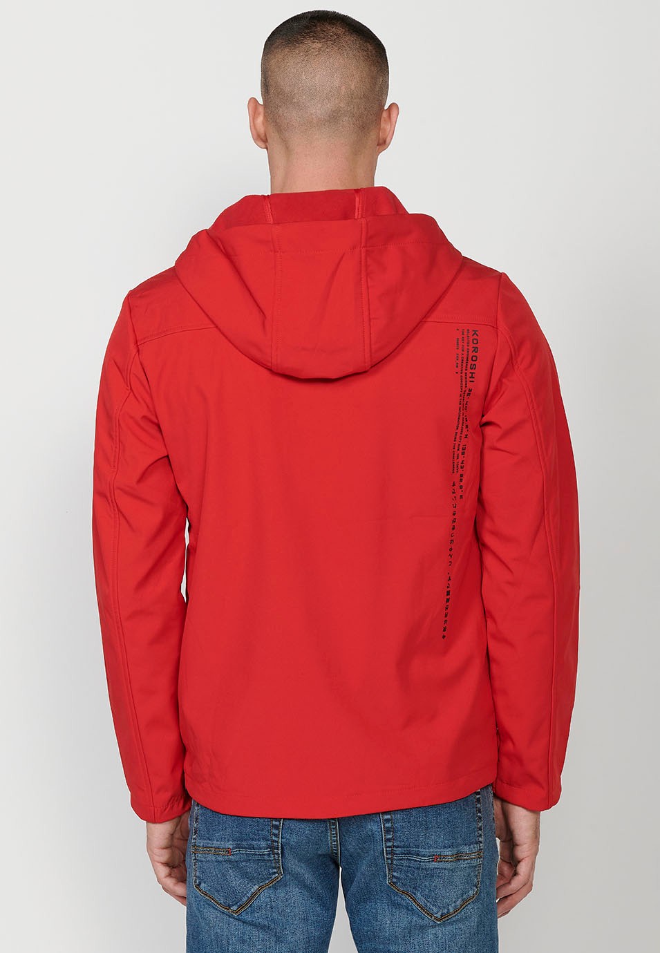 Veste avec col et capuche avec fermeture sur le devant et fermeture éclair pour homme en rouge 1