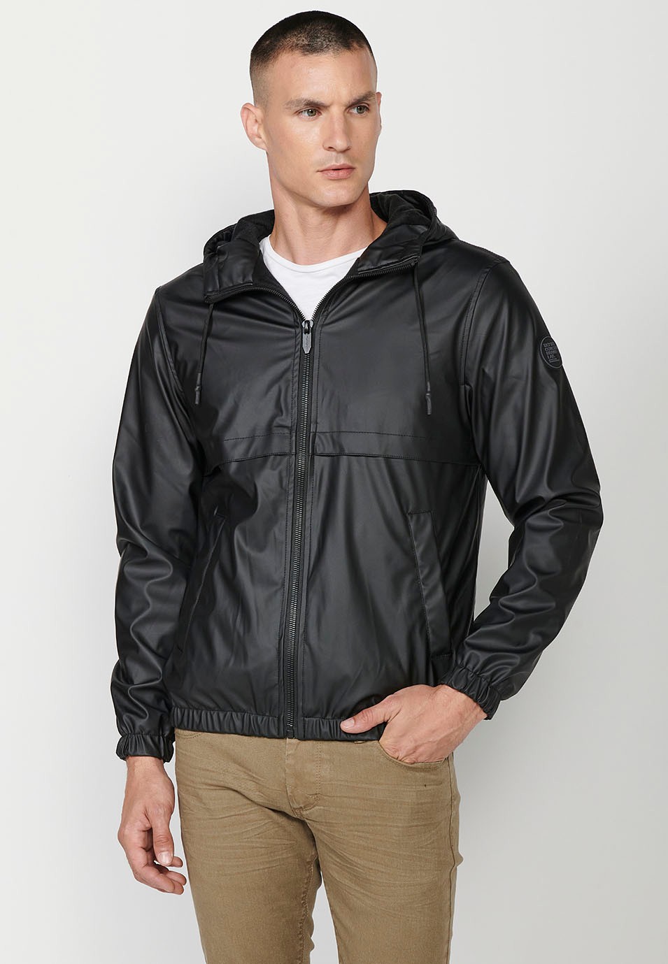 Mens Hooded Collar Zip Front Windbreaker Jacket in Black