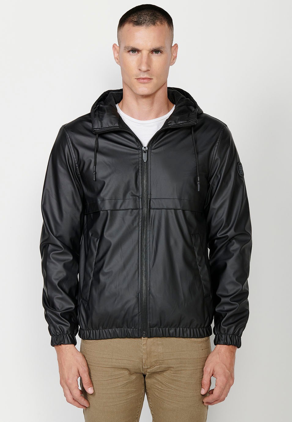 Mens Hooded Collar Zip Front Windbreaker Jacket in Black 4