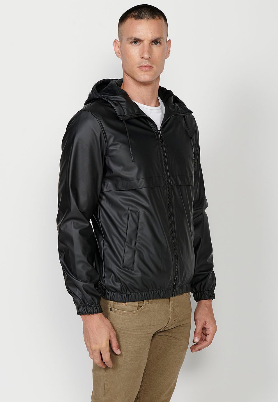 Mens Hooded Collar Zip Front Windbreaker Jacket in Black 1