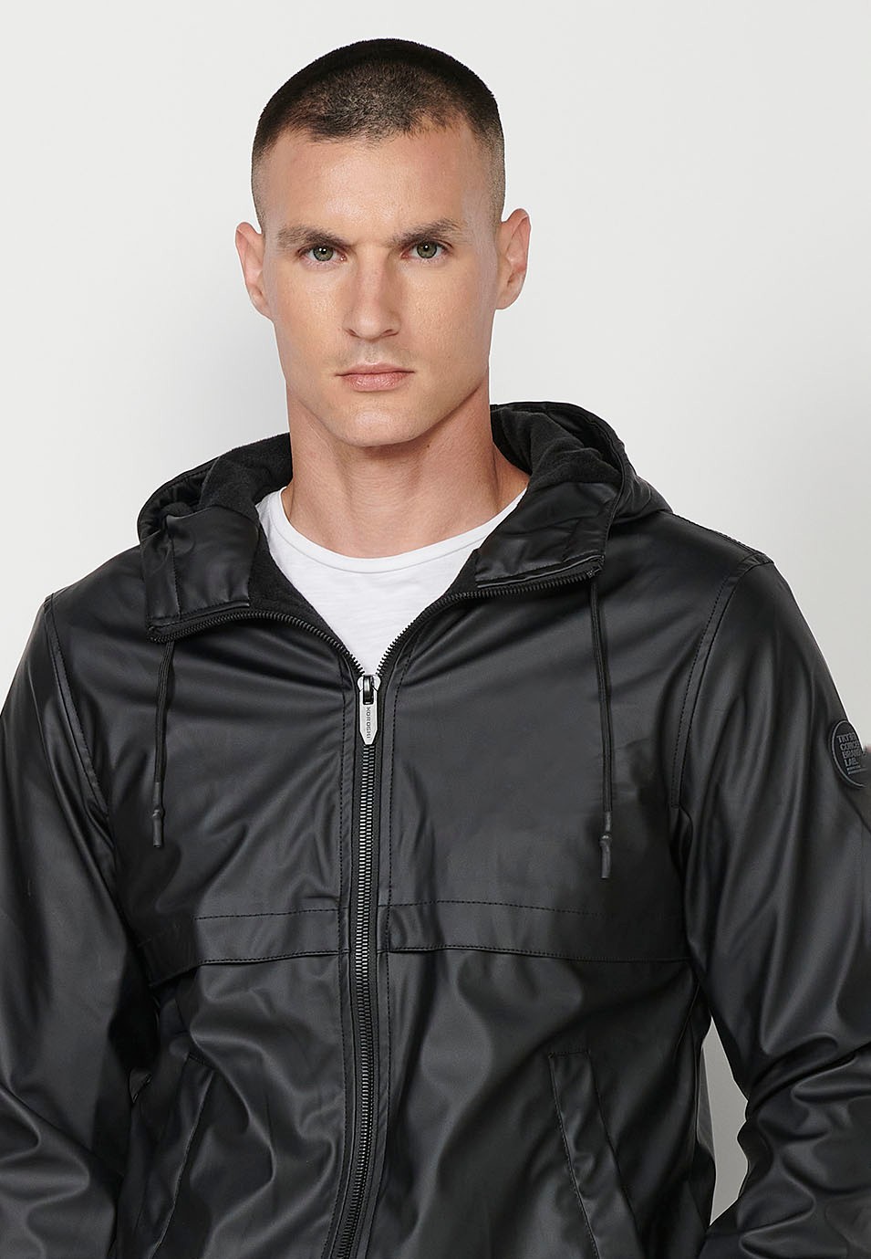 Mens Hooded Collar Zip Front Windbreaker Jacket in Black 3