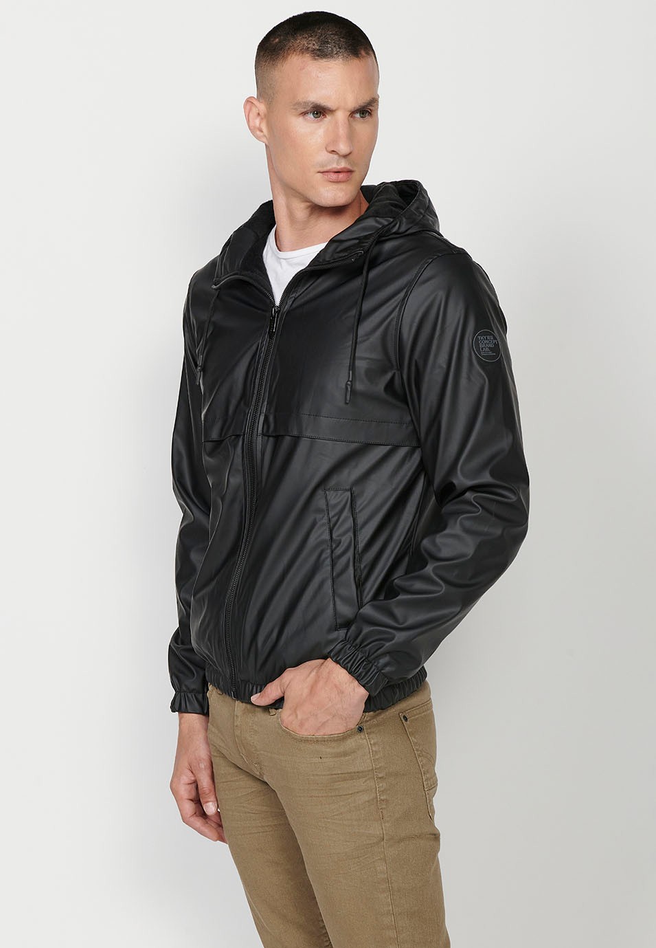 Mens Hooded Collar Zip Front Windbreaker Jacket in Black 2