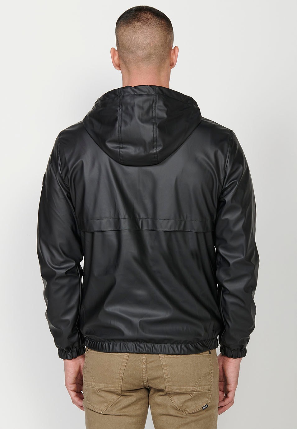 Mens Hooded Collar Zip Front Windbreaker Jacket in Black 5