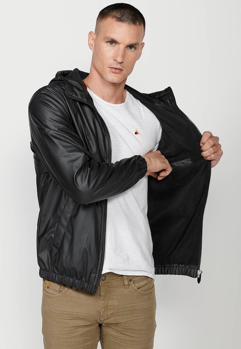 Mens Hooded Collar Zip Front Windbreaker Jacket in Black 9