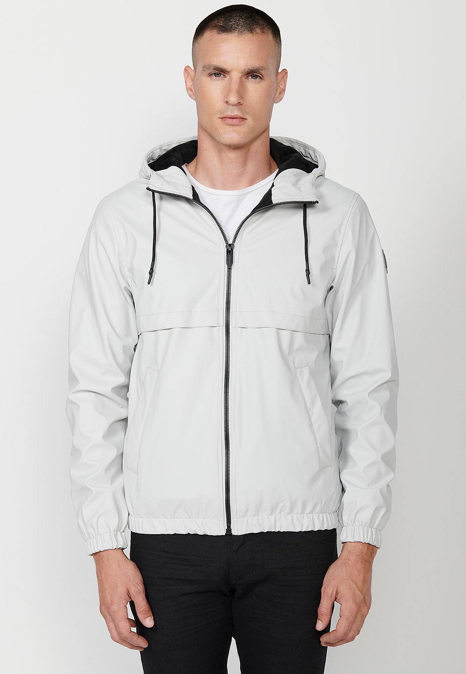 Mens Hooded Collar Zip Front Windbreaker Jacket with Pockets in Pearl Grey 2