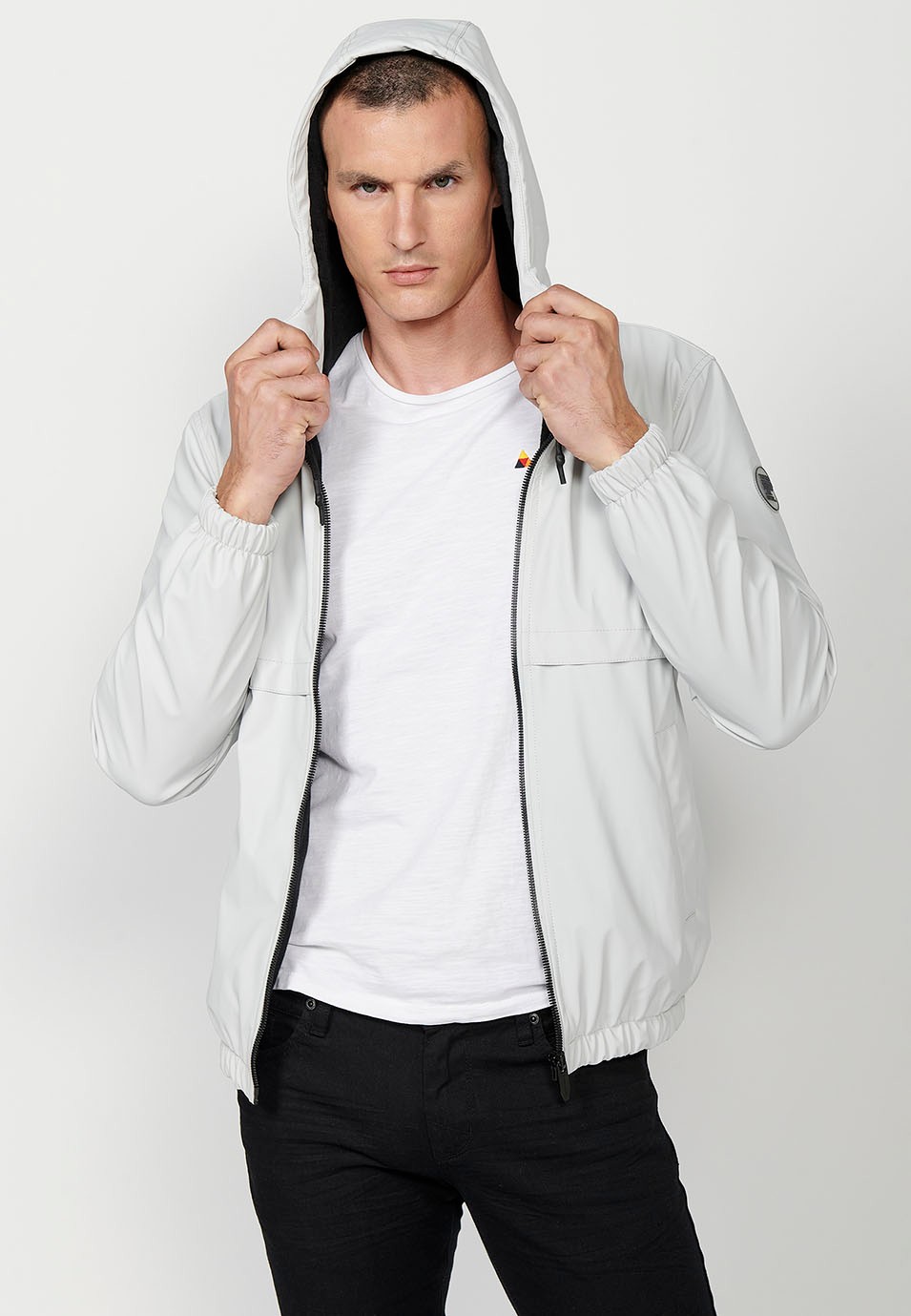 Mens Hooded Collar Zip Front Windbreaker Jacket with Pockets in Pearl Grey 5