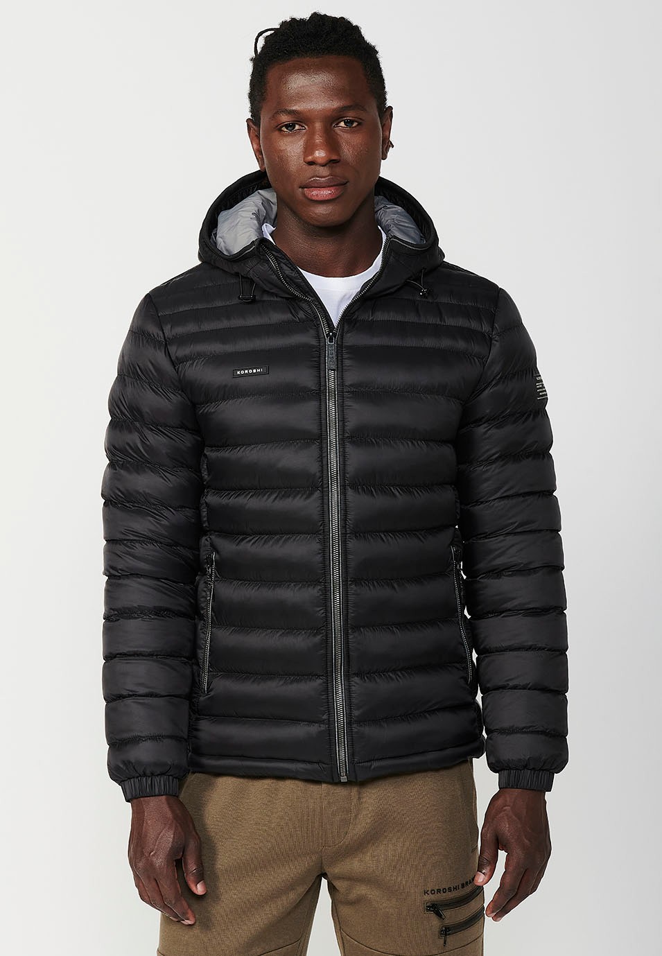 Mens Quilted Hooded Collar Zip Front Closure and Pockets Black