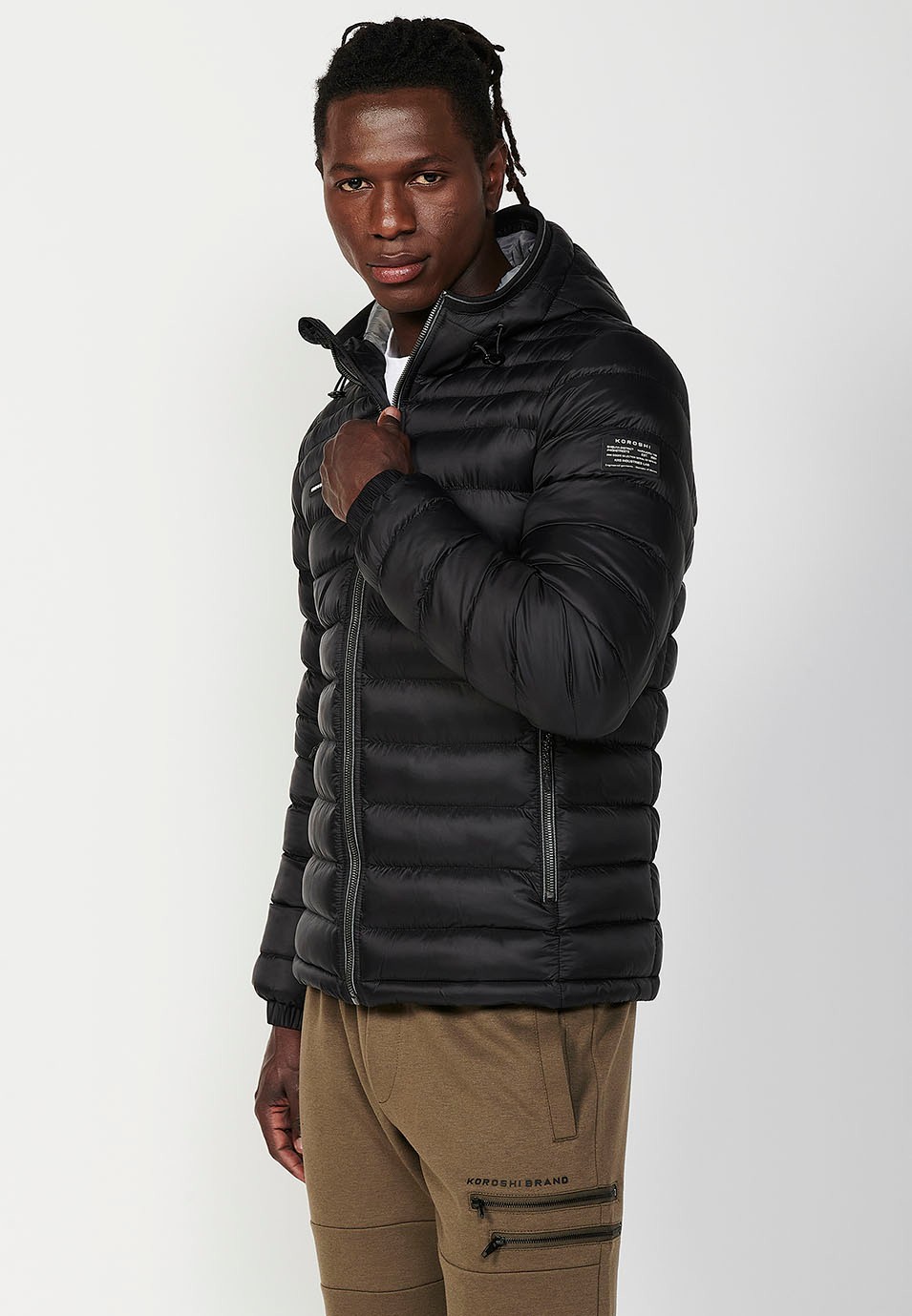 Mens Quilted Hooded Collar Zip Front Closure and Pockets Black 1