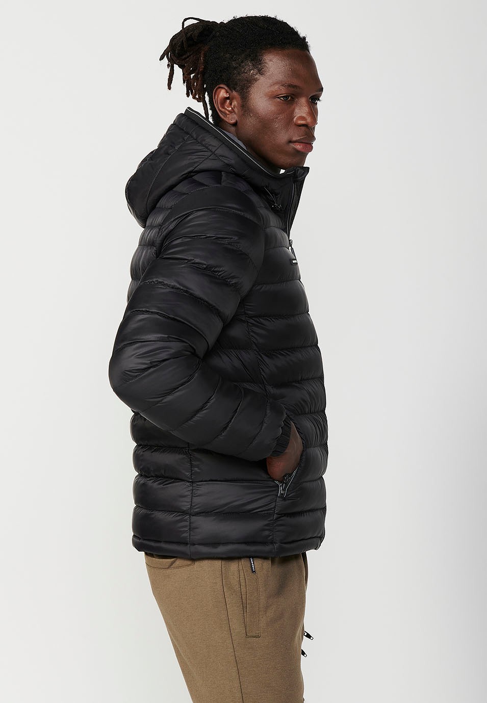 Mens Quilted Hooded Collar Zip Front Closure and Pockets Black 5