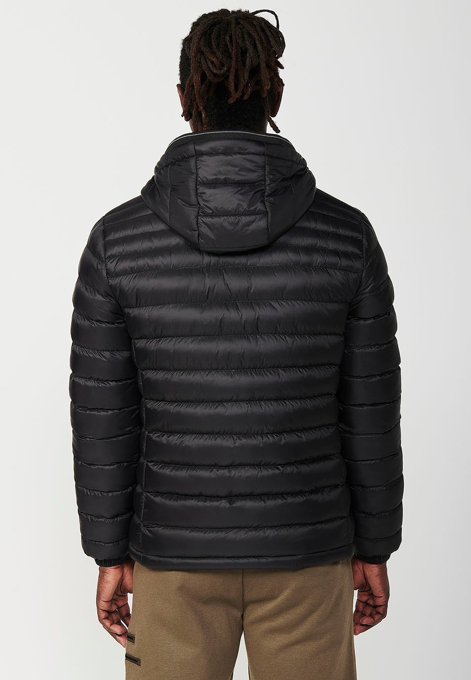 Mens Quilted Hooded Collar Zip Front Closure and Pockets Black 6