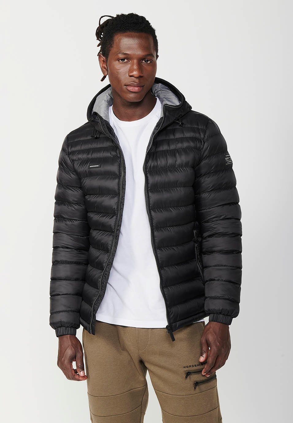 Mens Quilted Hooded Collar Zip Front Closure and Pockets Black 8