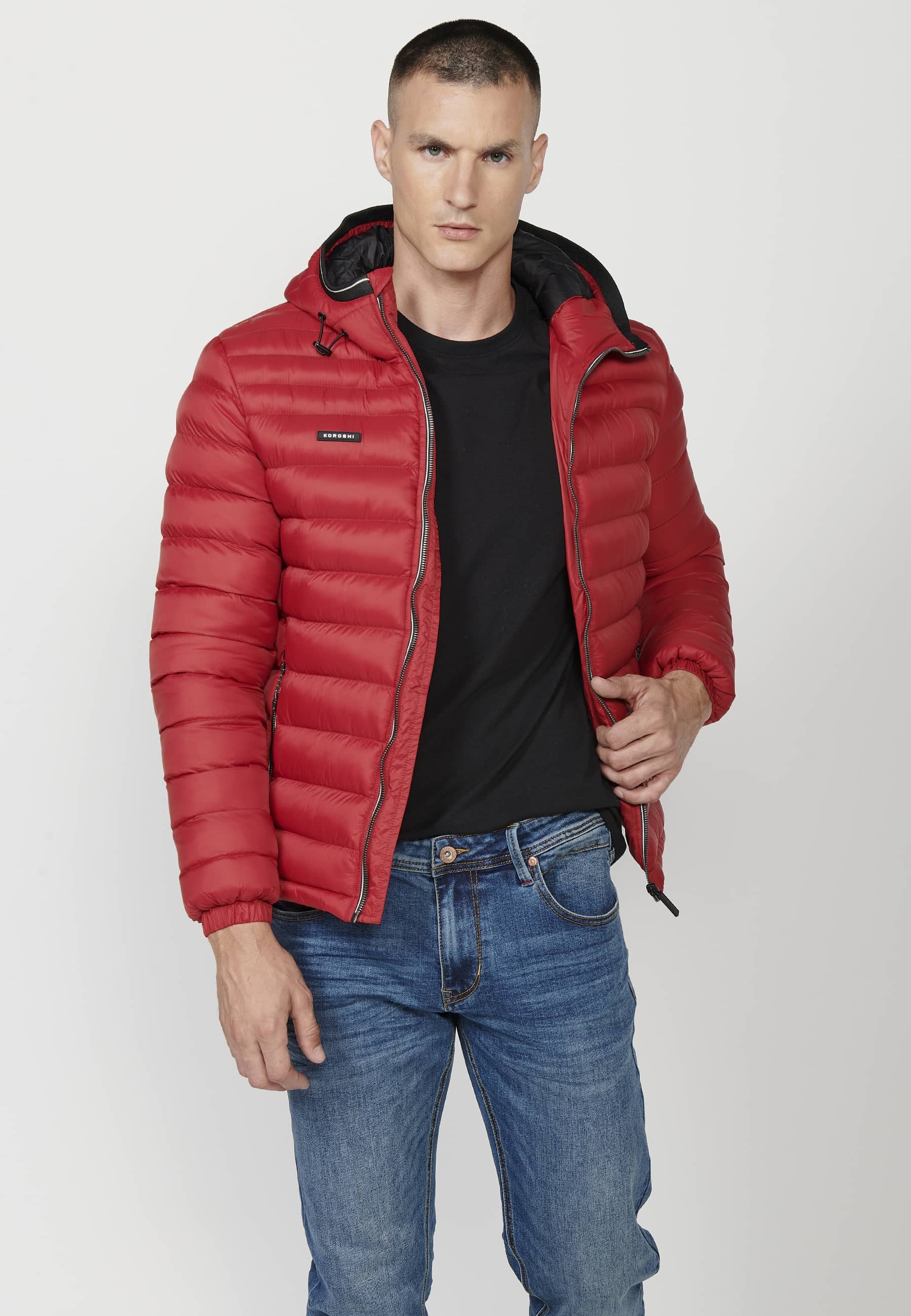 Mens Quilted Hooded Collar Zip Front Closure Jacket with Pockets Red 8