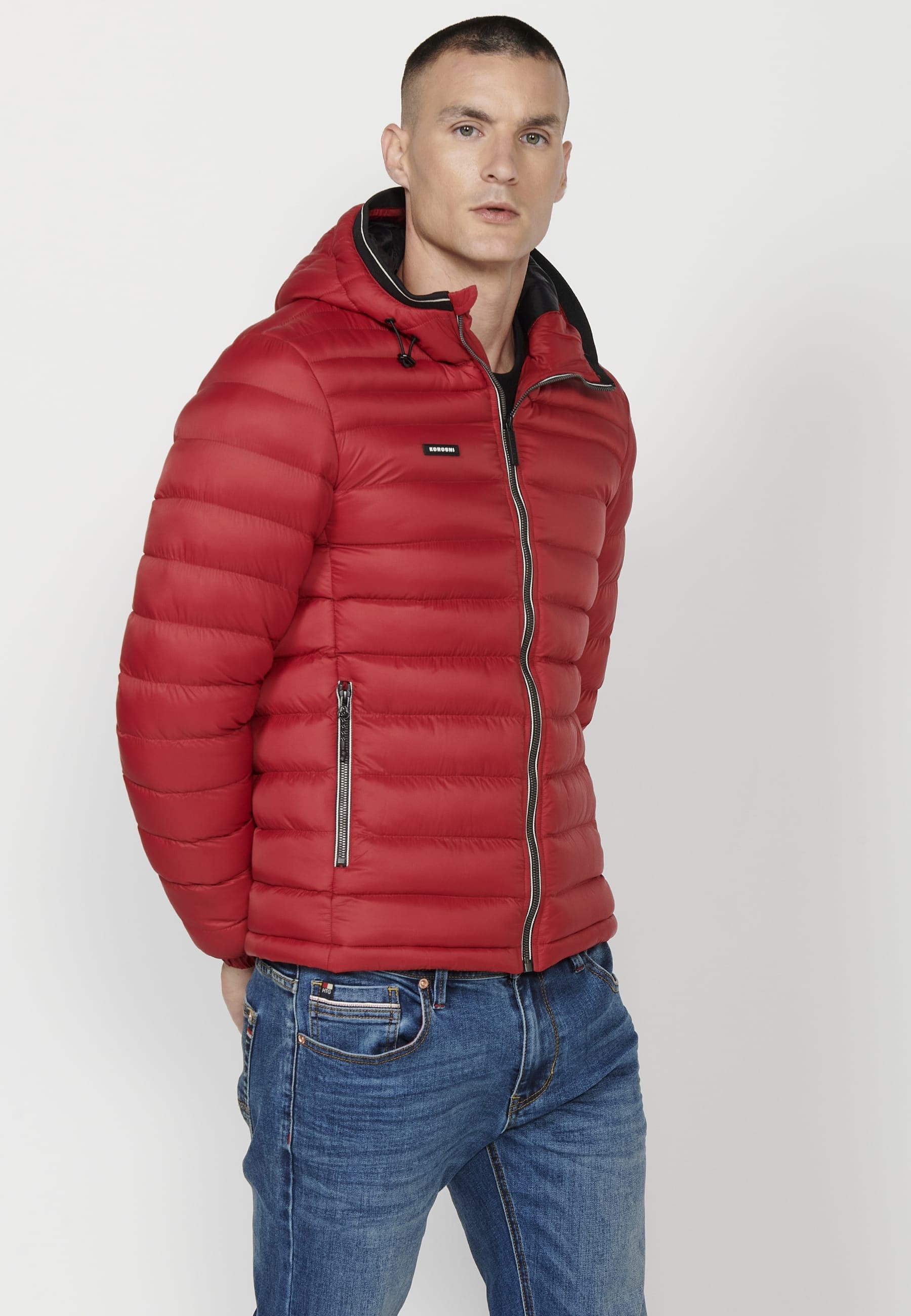 Mens Quilted Hooded Collar Zip Front Closure Jacket with Pockets Red