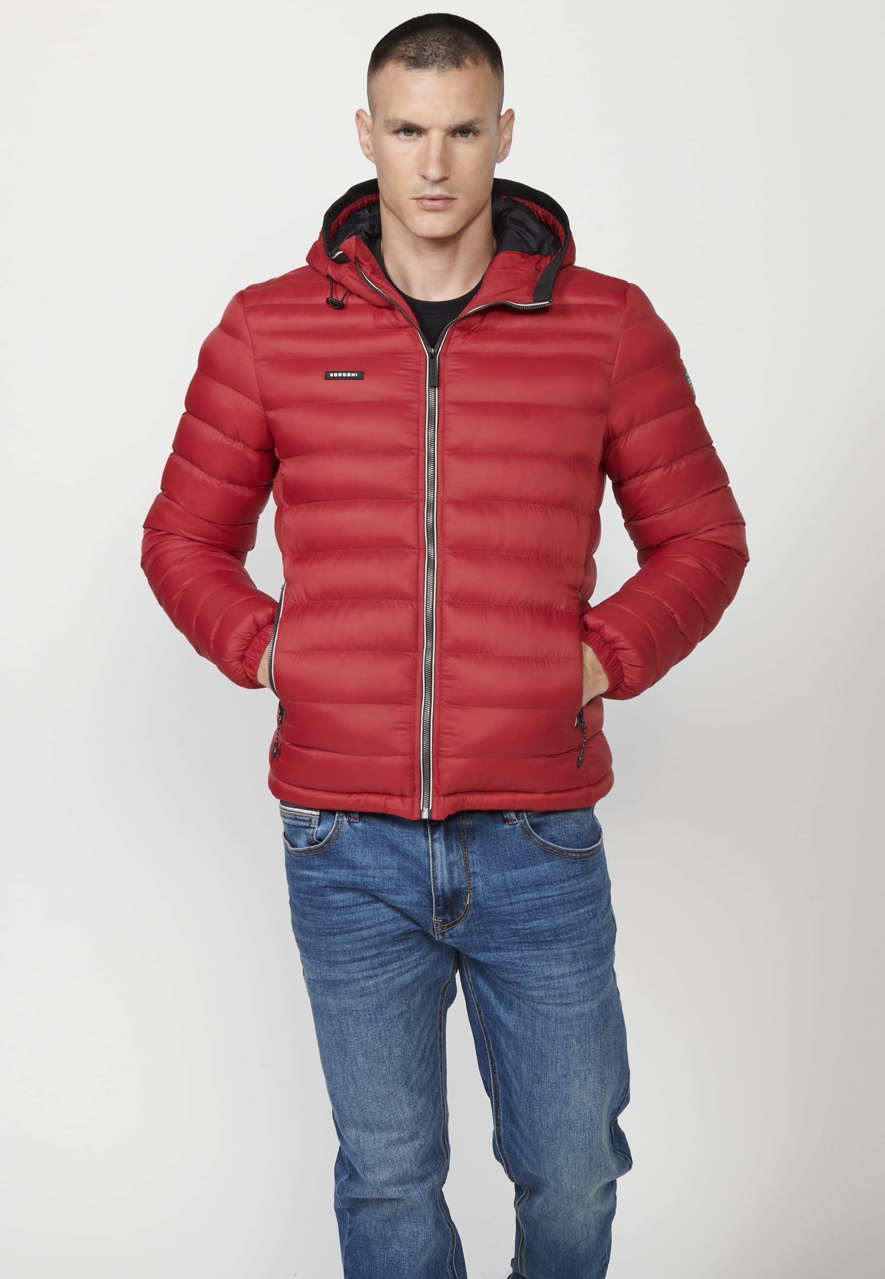 Mens Quilted Hooded Collar Zip Front Closure Jacket with Pockets Red 1