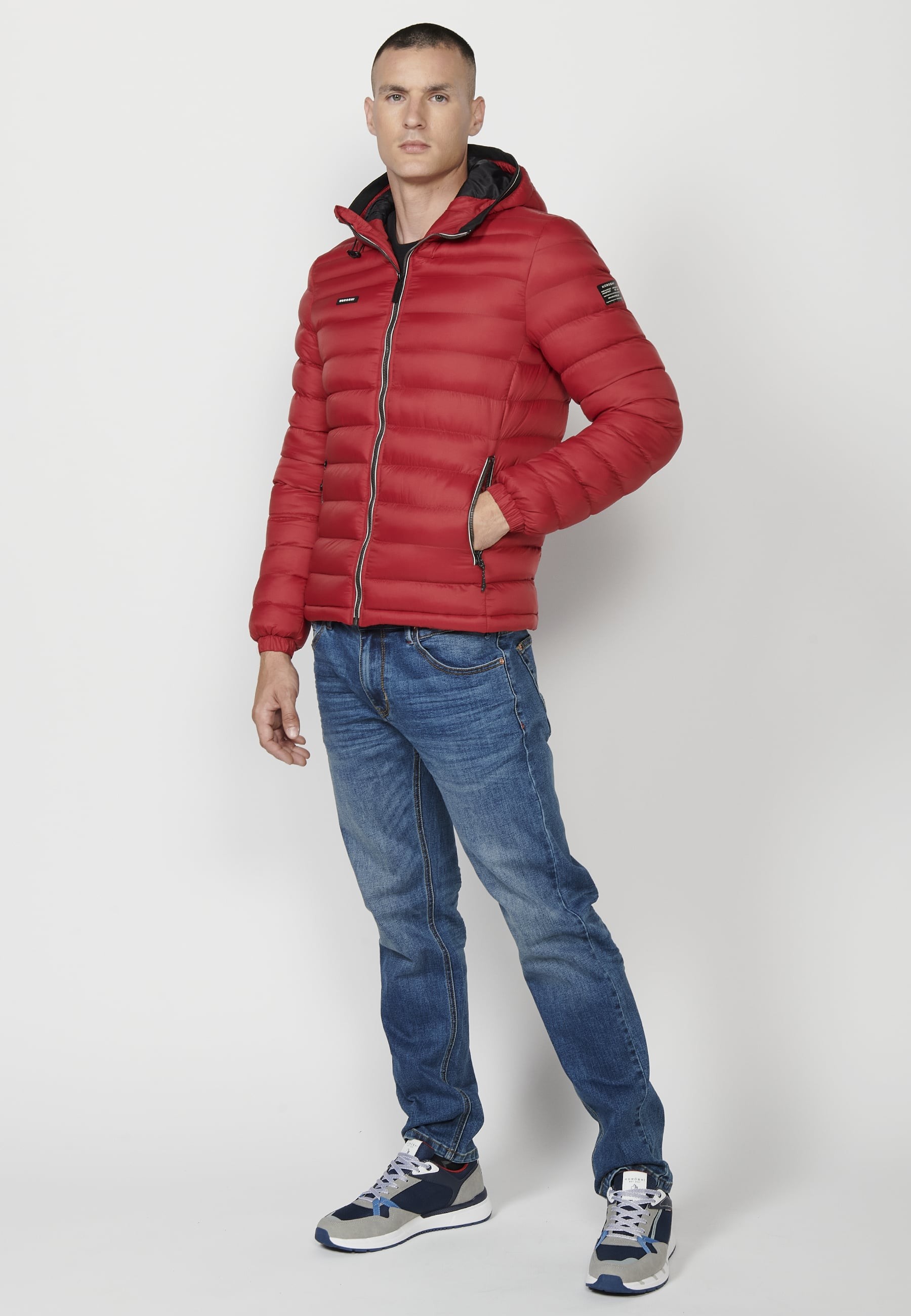 Mens Quilted Hooded Collar Zip Front Closure Jacket with Pockets Red 2