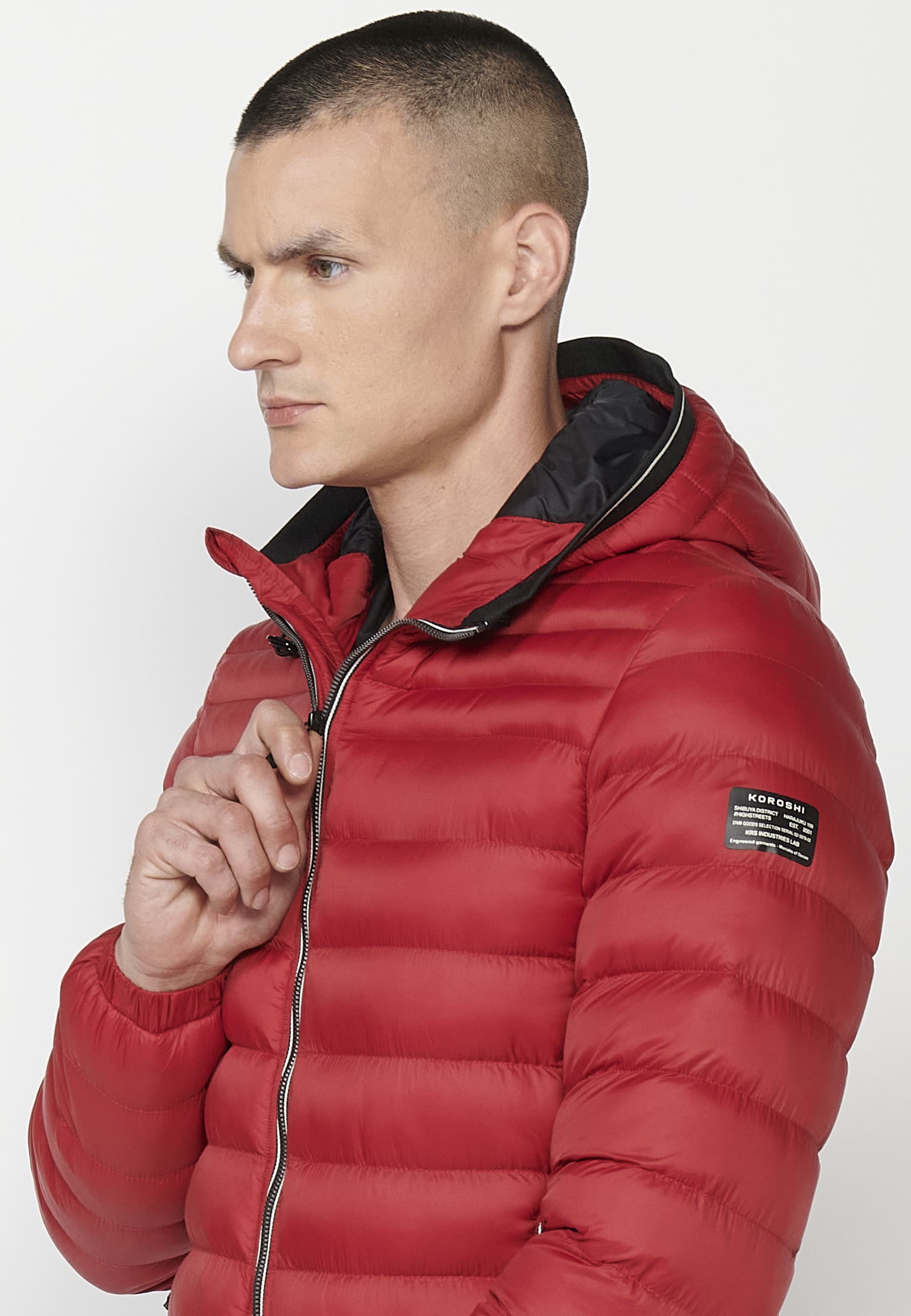 Mens Quilted Hooded Collar Zip Front Closure Jacket with Pockets Red 3