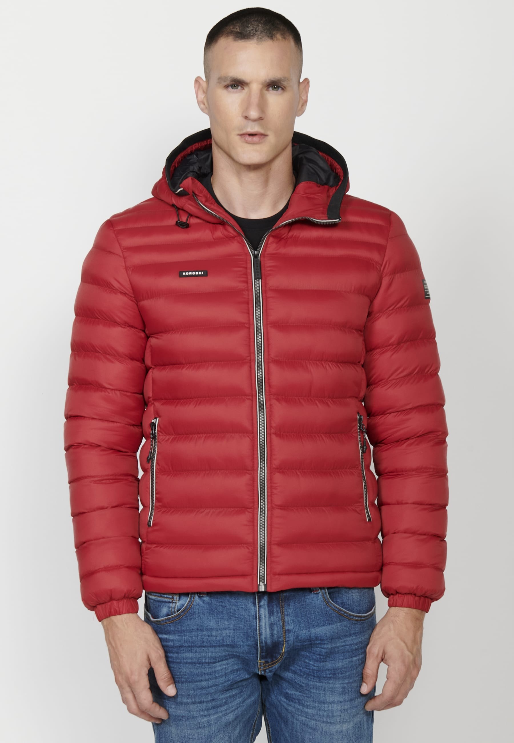 Mens Quilted Hooded Collar Zip Front Closure Jacket with Pockets Red 4