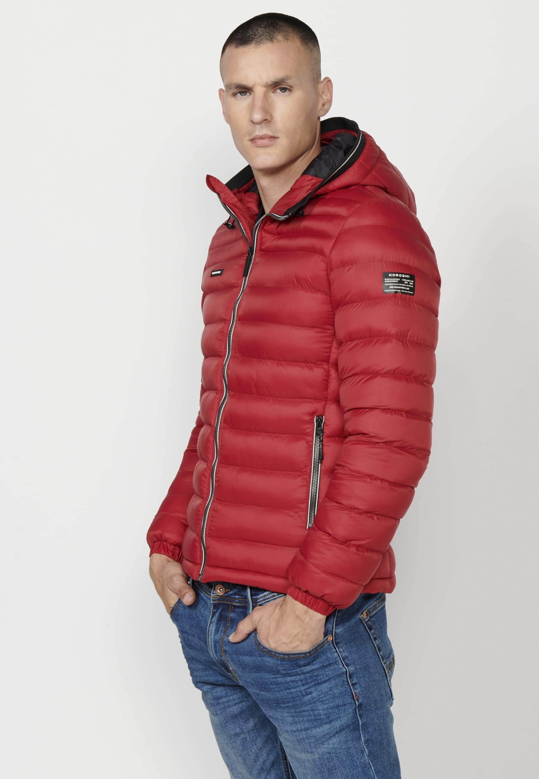 Mens Quilted Hooded Collar Zip Front Closure Jacket with Pockets Red 6