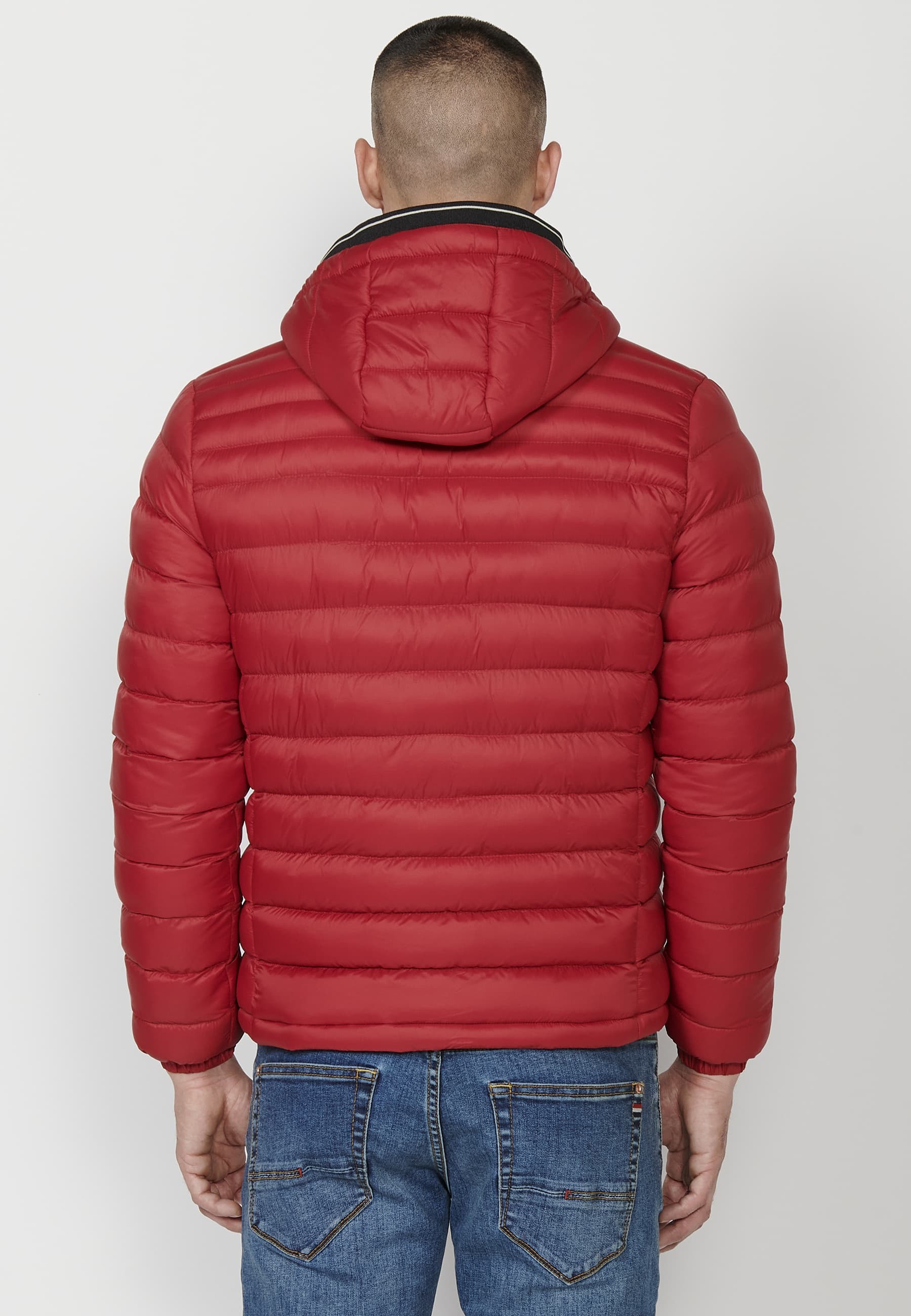 Mens Quilted Hooded Collar Zip Front Closure Jacket with Pockets Red 5