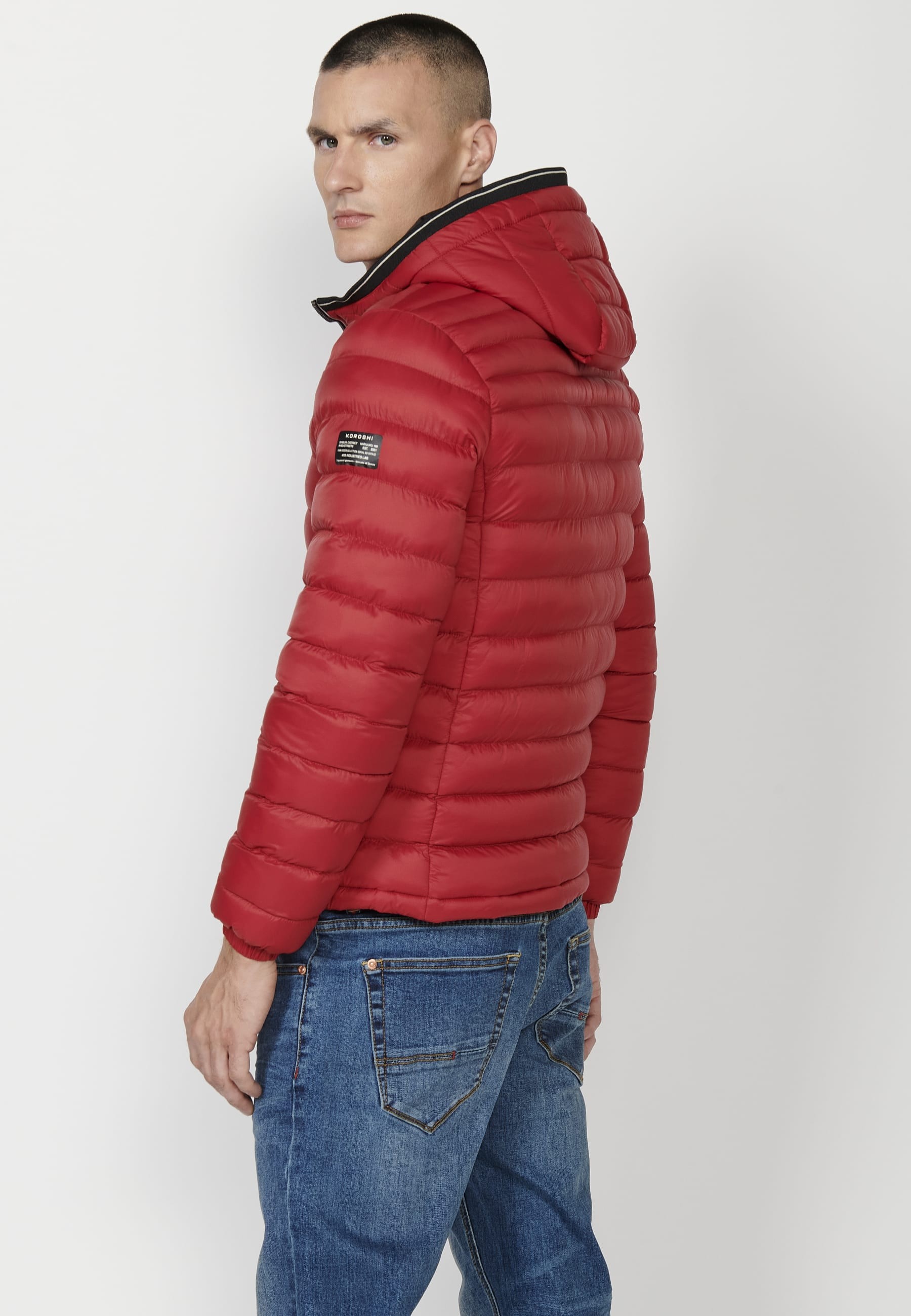 Mens Quilted Hooded Collar Zip Front Closure Jacket with Pockets Red 7