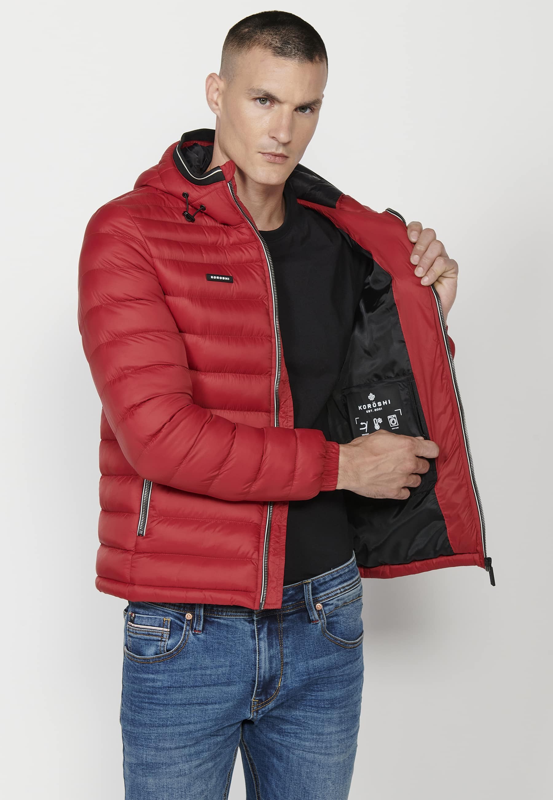 Mens Quilted Hooded Collar Zip Front Closure Jacket with Pockets Red 9