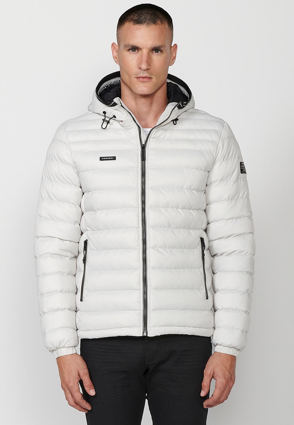 Mens Quilted Hooded Collar Zip Front Closure Pockets Jacket in White