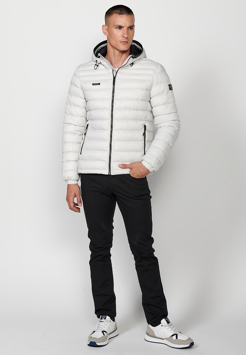 Mens Quilted Hooded Collar Zip Front Closure Pockets Jacket in White 1