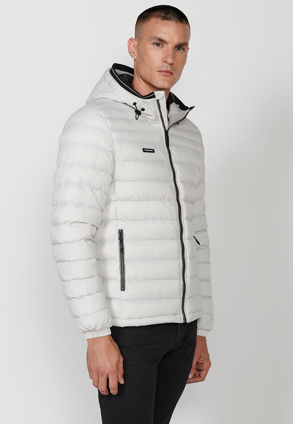 Mens Quilted Hooded Collar Zip Front Closure Pockets Jacket in White 3