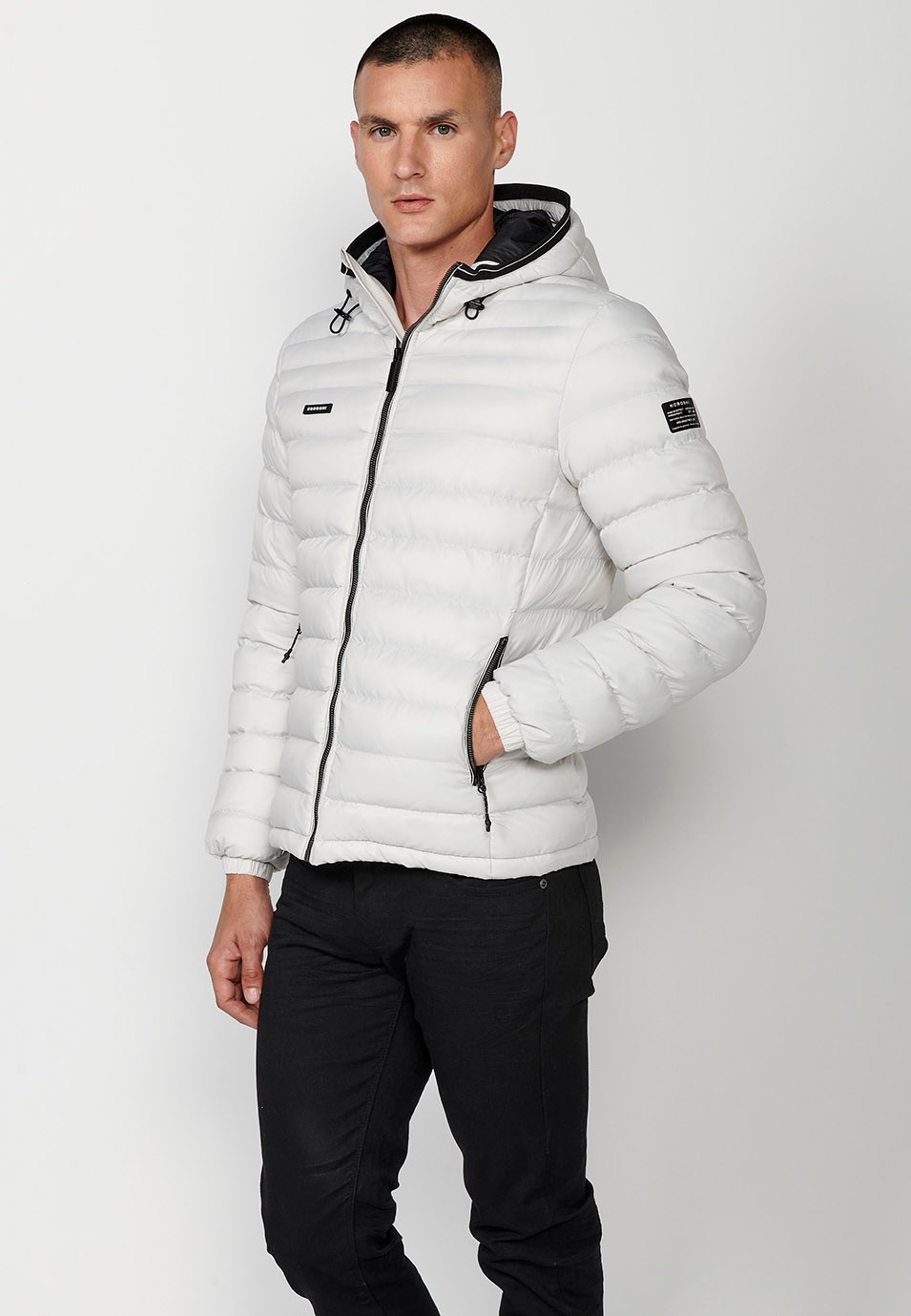 Mens Quilted Hooded Collar Zip Front Closure Pockets Jacket in White 4