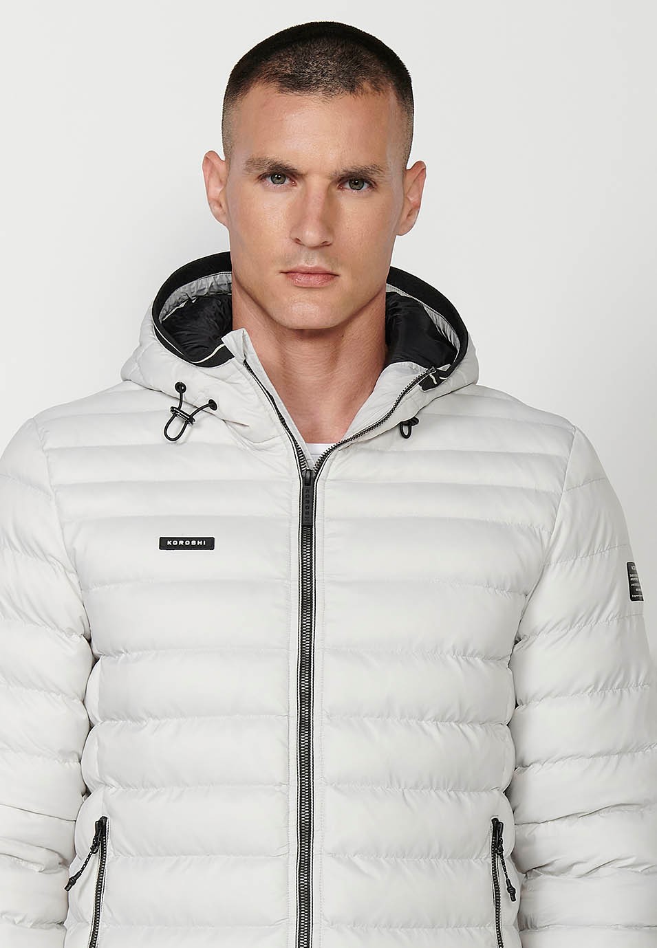 Mens Quilted Hooded Collar Zip Front Closure Pockets Jacket in White 5